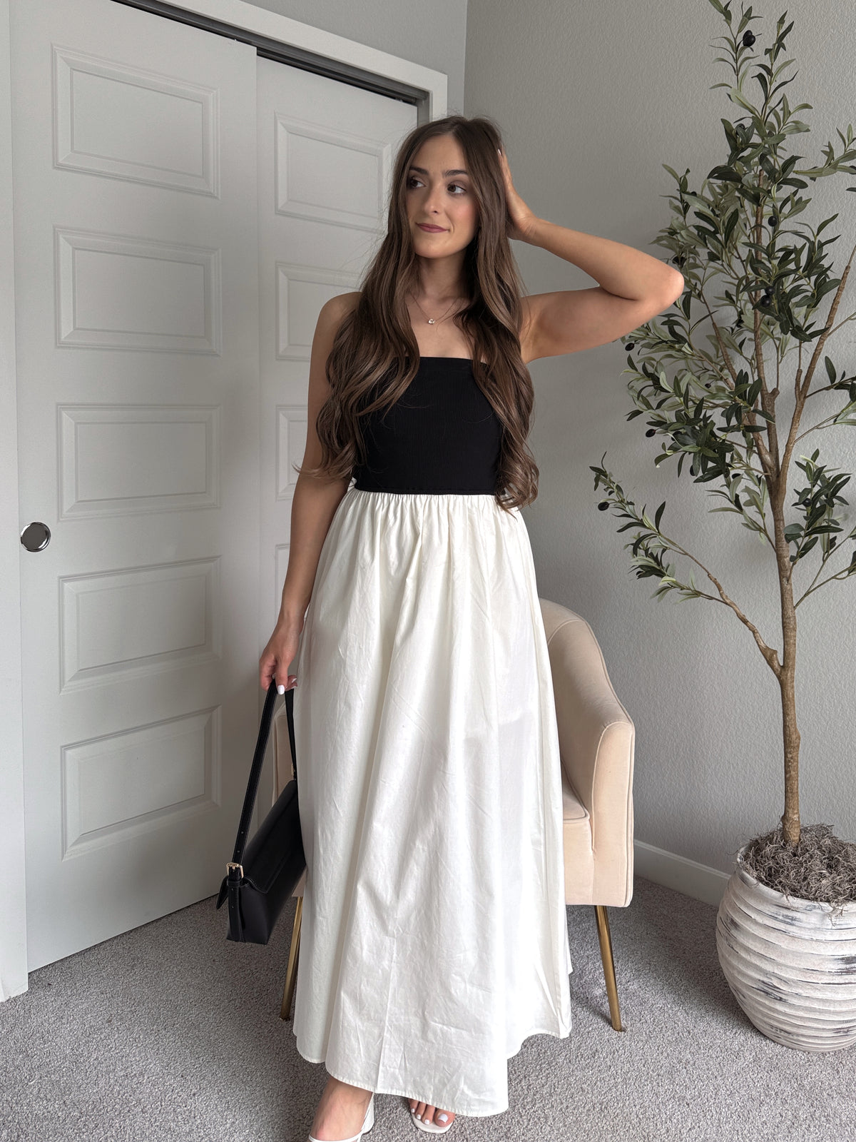 Mila Two-Tone Cotton Strapless Maxi Dress (Black/Cream)