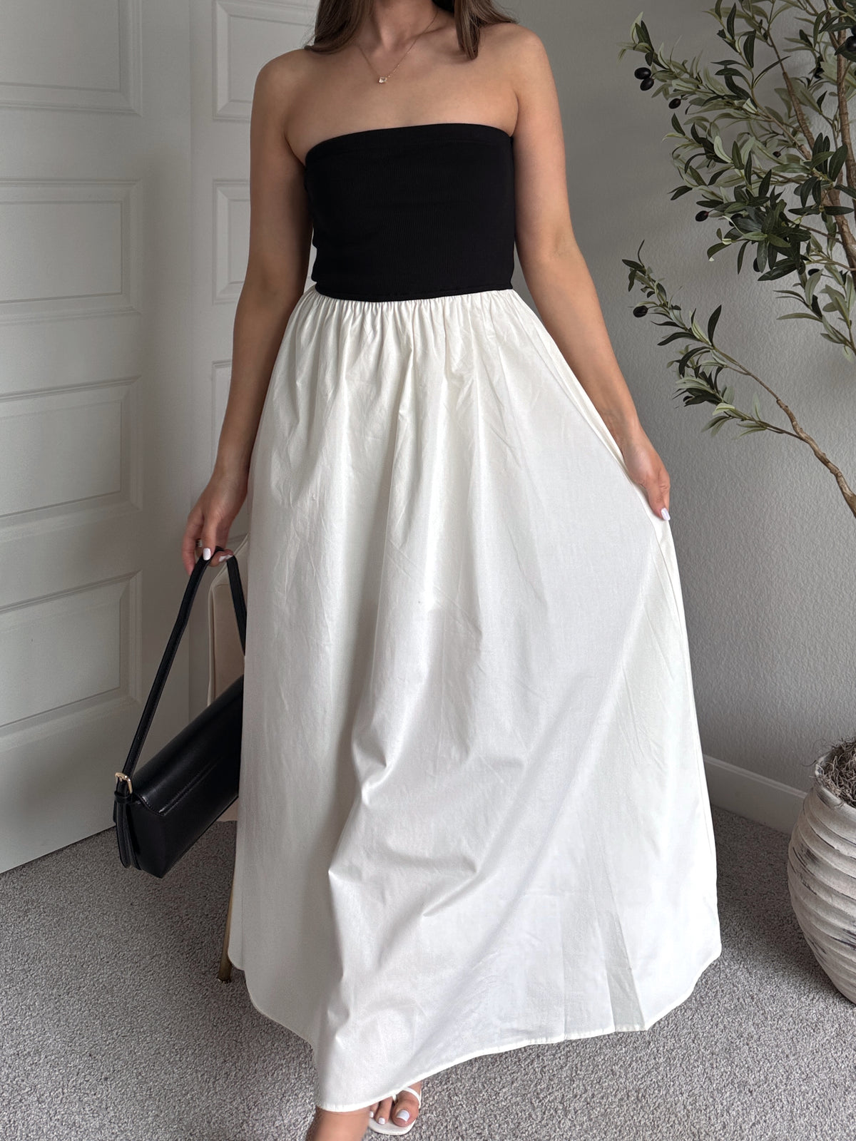 Mila Two-Tone Cotton Strapless Maxi Dress (Black/Cream)