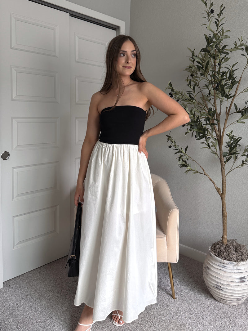 Mila Two-Tone Cotton Strapless Maxi Dress (Black/Cream)