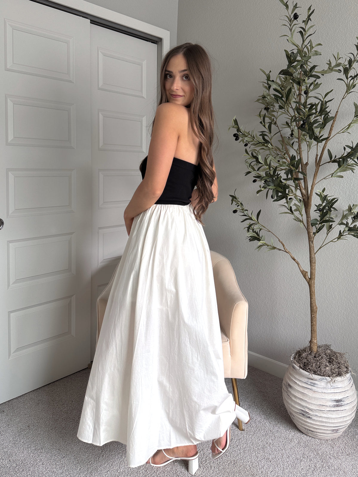 Mila Two-Tone Cotton Strapless Maxi Dress (Black/Cream)