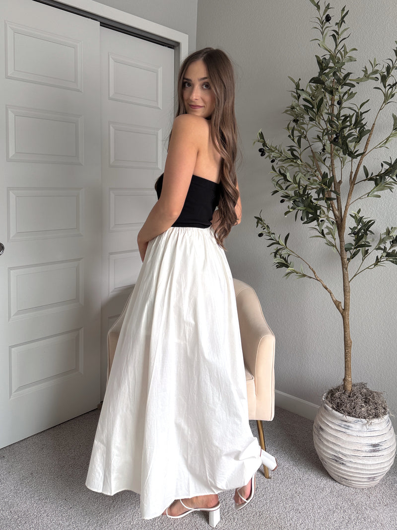Mila Two-Tone Cotton Strapless Maxi Dress (Black/Cream)