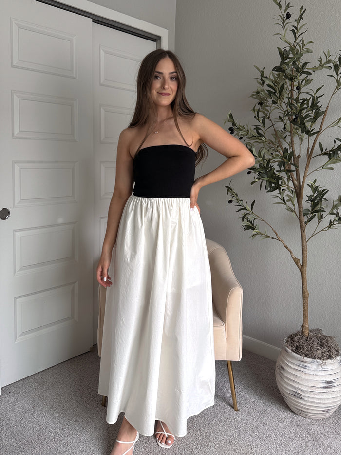 Mila Two-Tone Cotton Strapless Maxi Dress (Black/Cream)