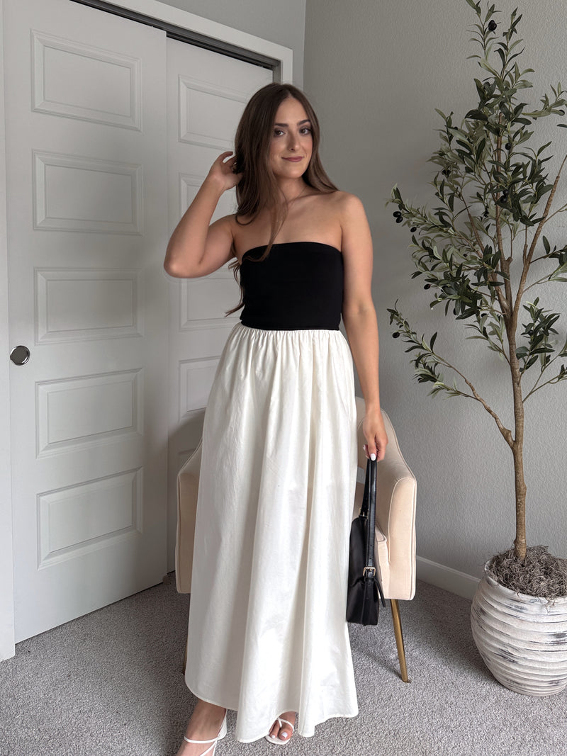 Mila Two-Tone Cotton Strapless Maxi Dress (Black/Cream)