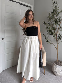 Mila Two-Tone Cotton Strapless Maxi Dress (Black/Cream)