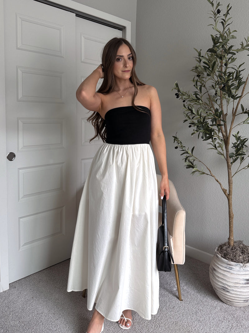 Mila Two-Tone Cotton Strapless Maxi Dress (Black/Cream)