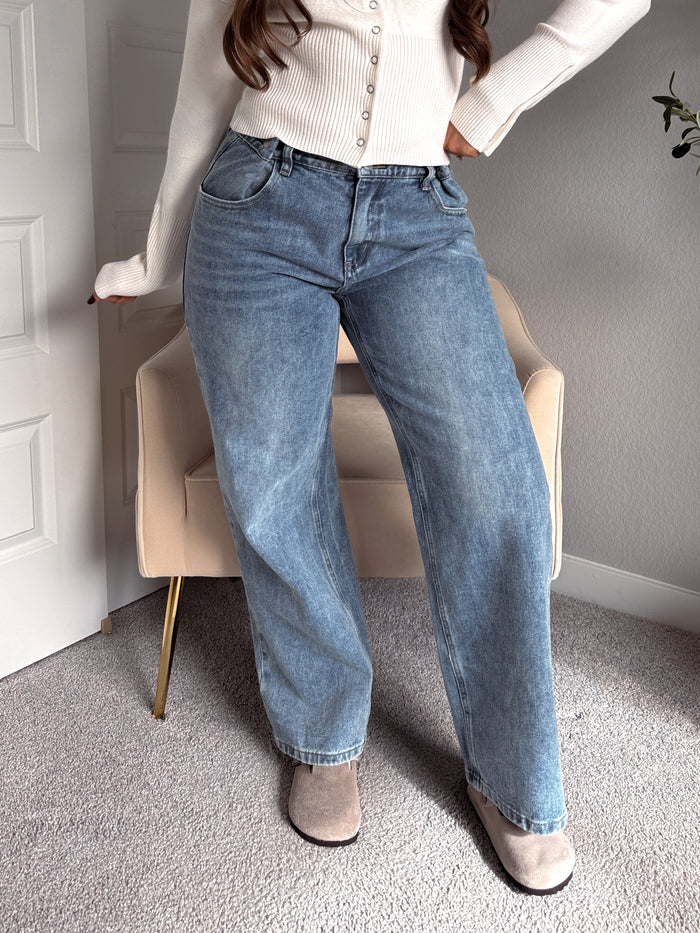 Molly Mid Rise Adjustable Waist Wide Leg Jeans (Medium Wash)