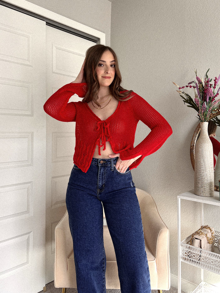 Monroe Crochet Tie-Front Cardigan (Red)