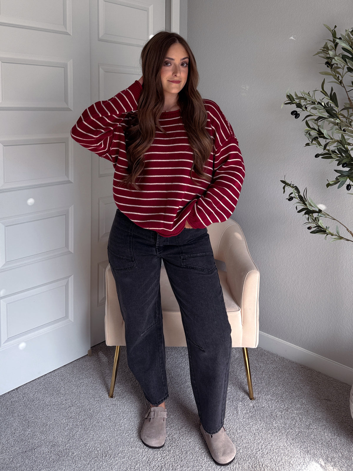 Montana Striped Oversized Crew Neck Sweater (Burgundy)