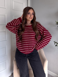Montana Striped Oversized Crew Neck Sweater (Burgundy)