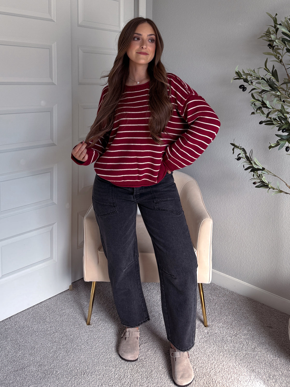 Montana Striped Oversized Crew Neck Sweater (Burgundy)