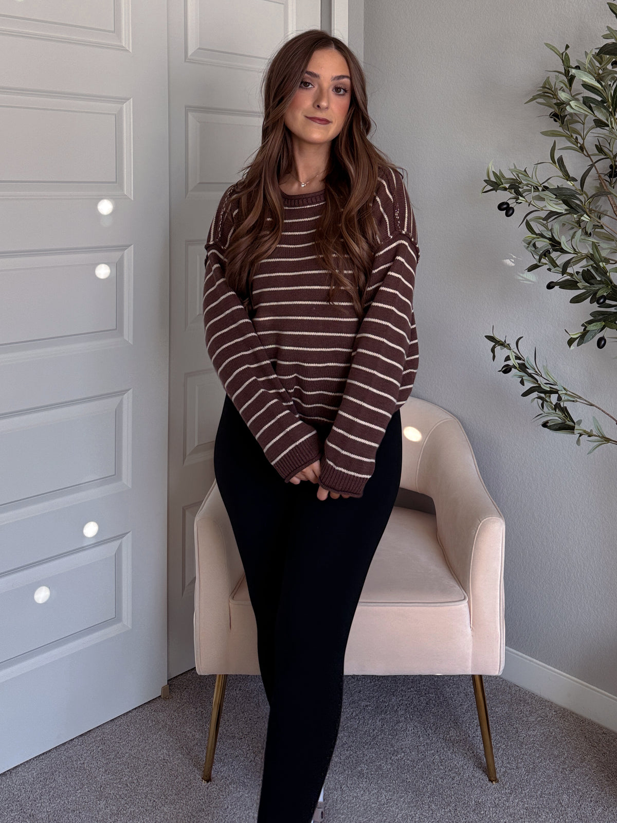 Montana Striped Oversized Crew Neck Sweater (Chocolate Brown)