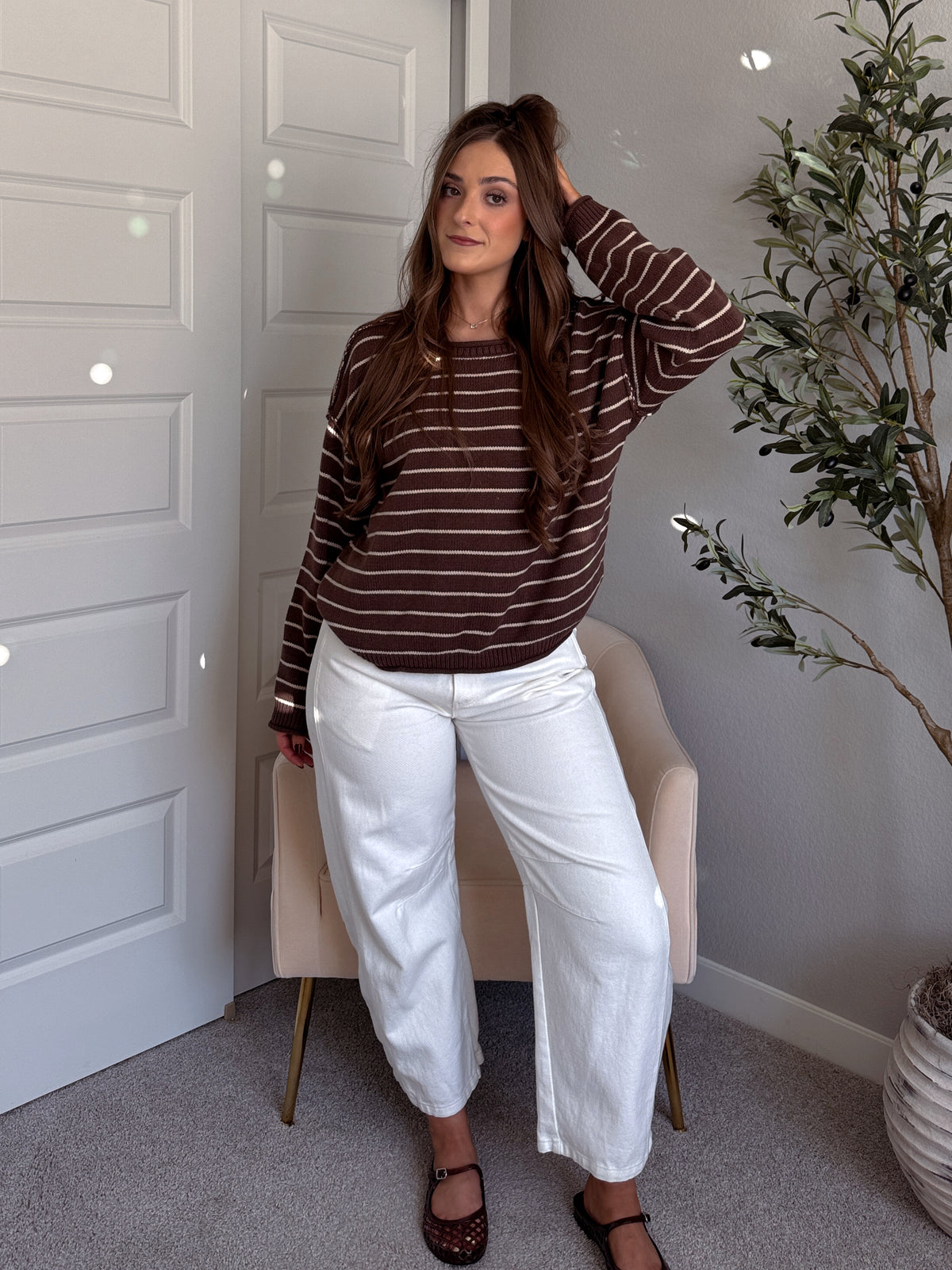 Montana Striped Oversized Crew Neck Sweater (Chocolate Brown)