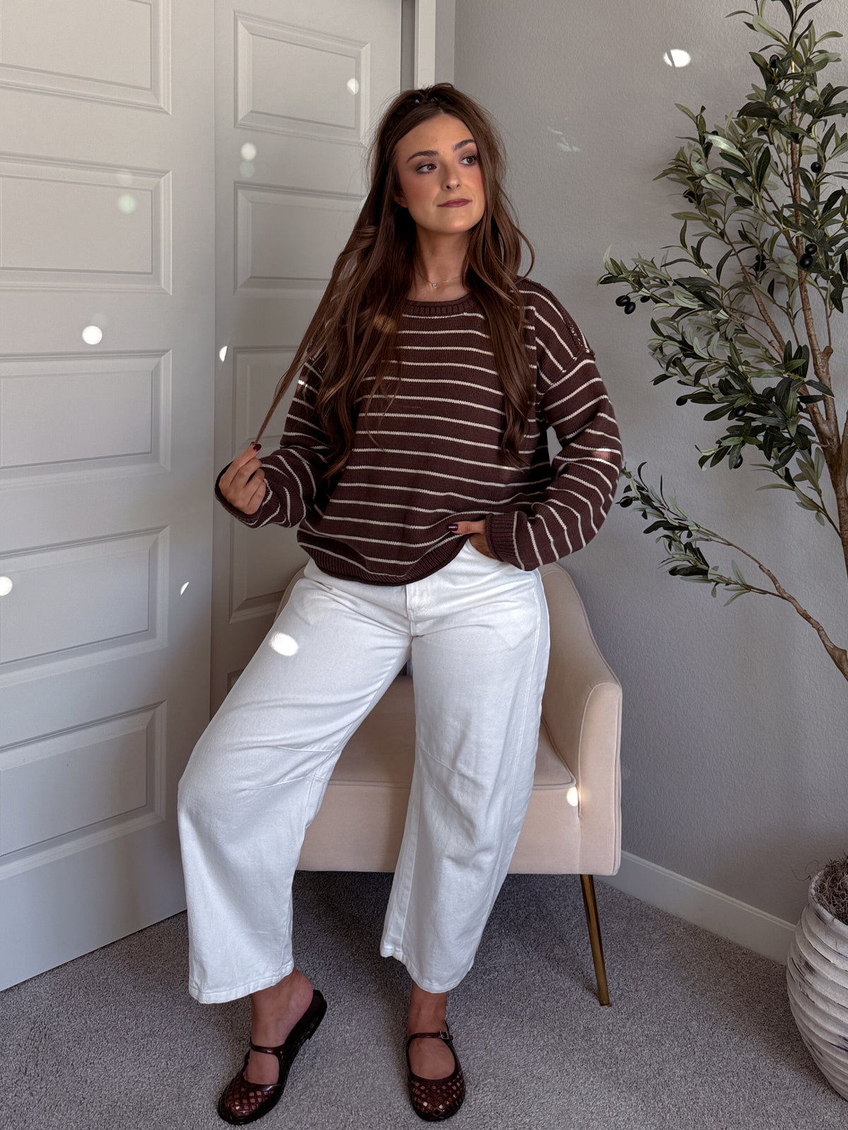 Montana Striped Oversized Crew Neck Sweater (Chocolate Brown)