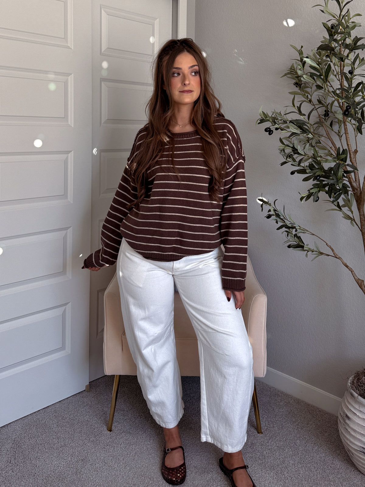 Montana Striped Oversized Crew Neck Sweater (Chocolate Brown)