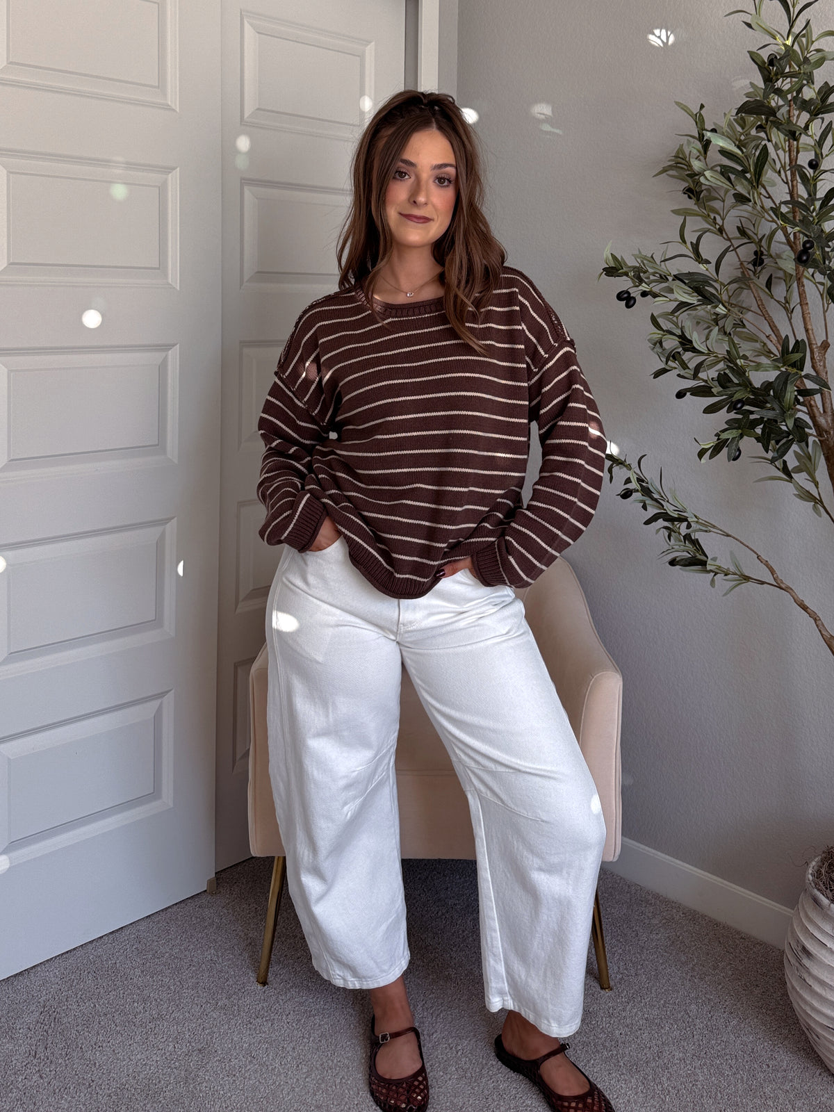 Montana Striped Oversized Crew Neck Sweater (Chocolate Brown)