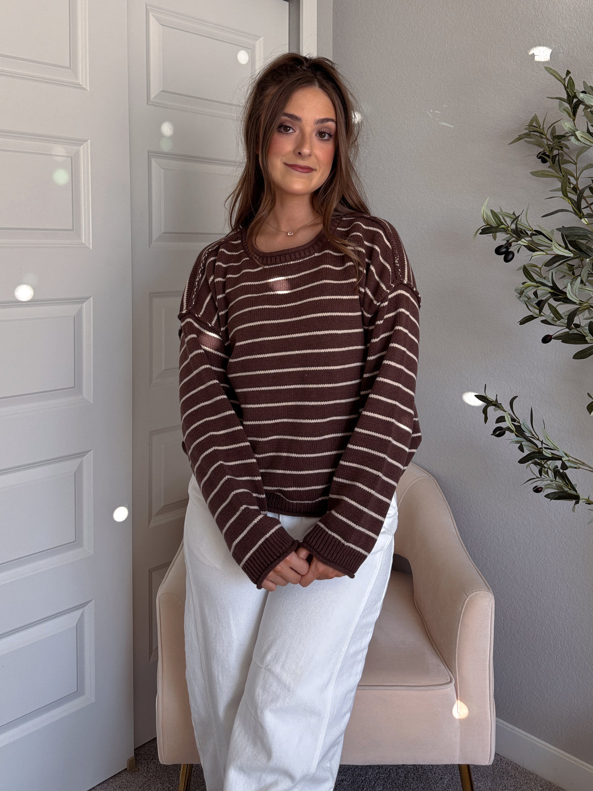 Montana Striped Oversized Crew Neck Sweater (Chocolate Brown)