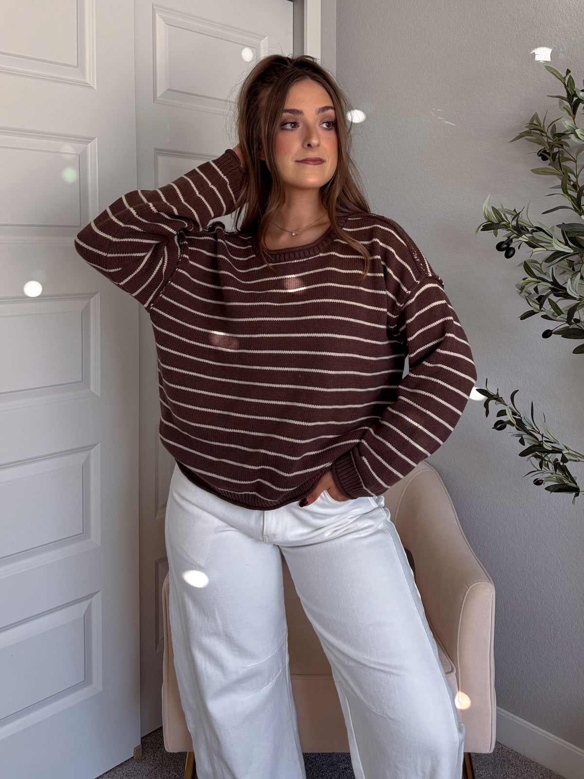 Montana Striped Oversized Crew Neck Sweater (Chocolate Brown)