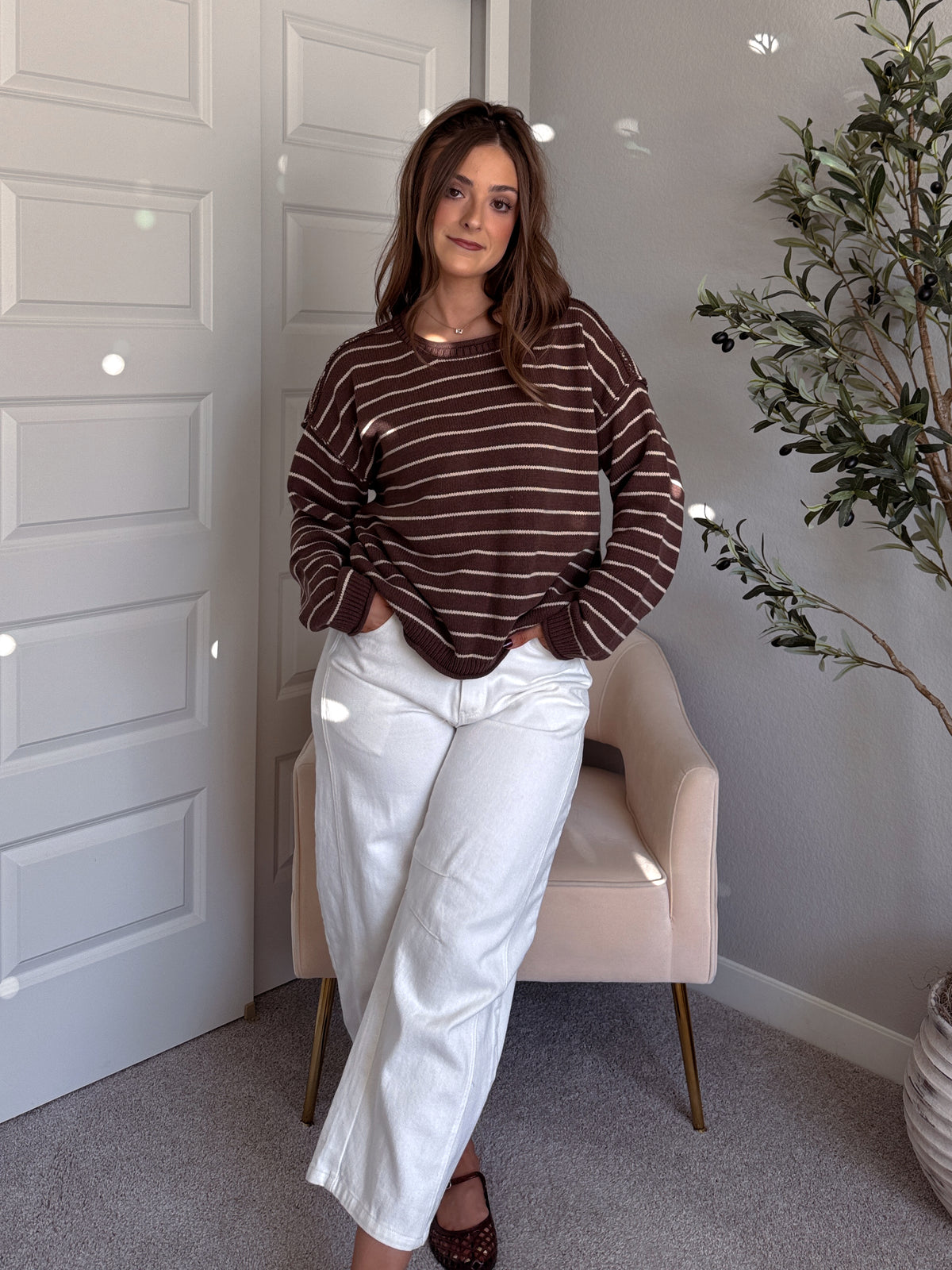 Montana Striped Oversized Crew Neck Sweater (Chocolate Brown)