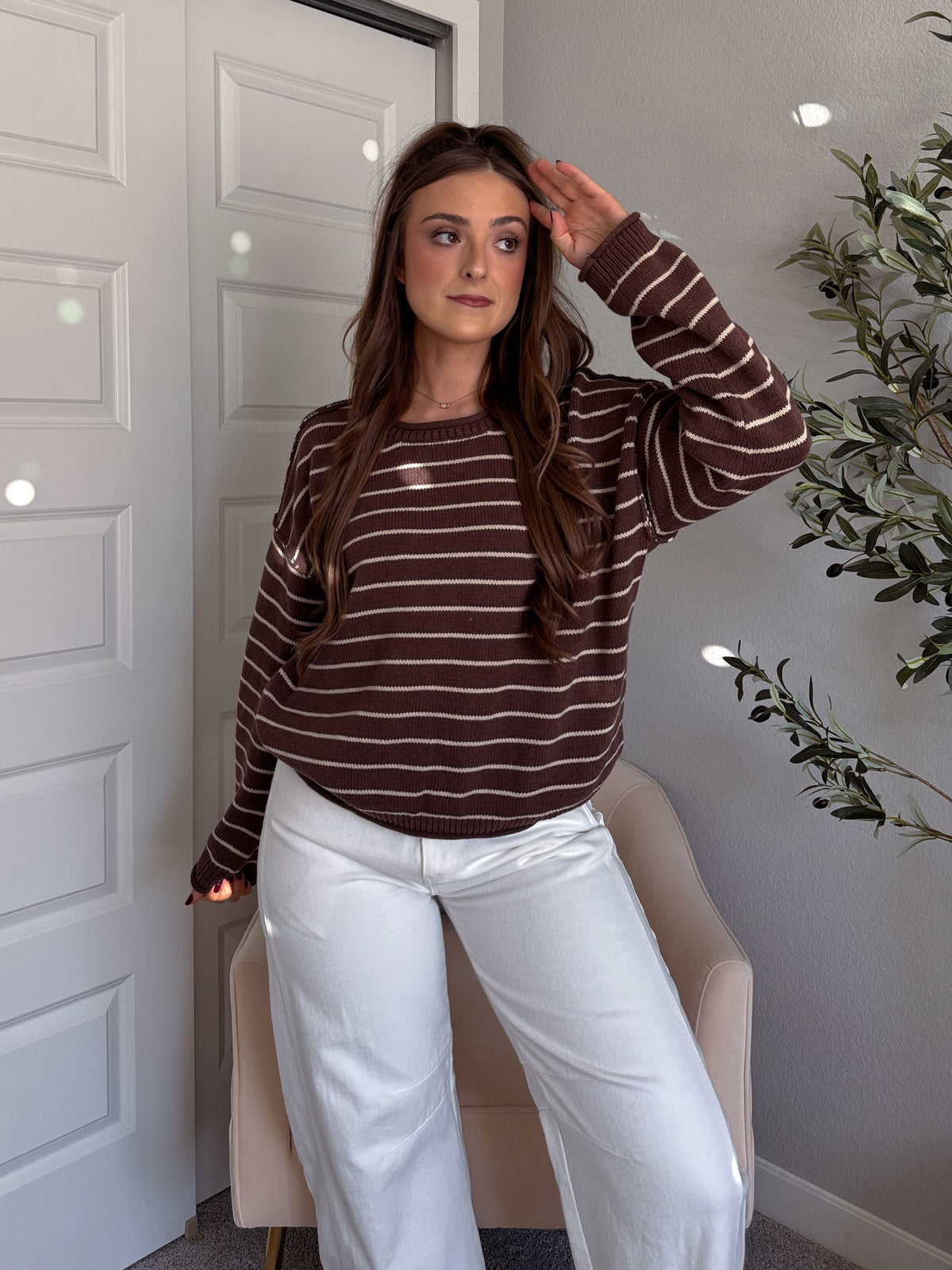 Montana Striped Oversized Crew Neck Sweater (Chocolate Brown)