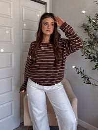 Montana Striped Oversized Crew Neck Sweater (Chocolate Brown)