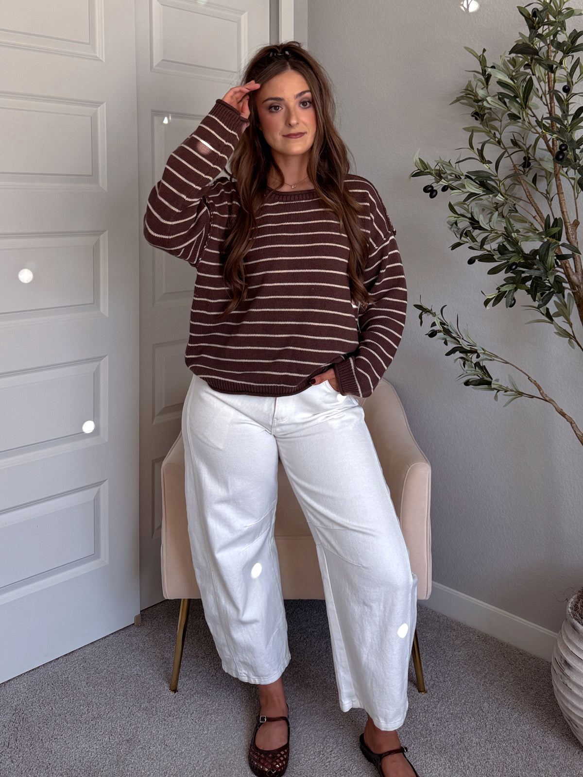 Montana Striped Oversized Crew Neck Sweater (Chocolate Brown)
