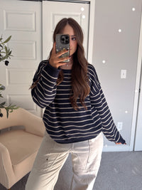 Montana Striped Oversized Crew Neck Sweater (Navy)