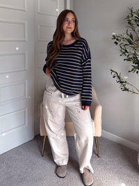 Montana Striped Oversized Crew Neck Sweater (Navy)
