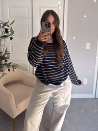 Montana Striped Oversized Crew Neck Sweater (Navy)
