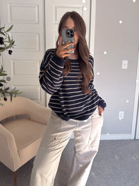 Montana Striped Oversized Crew Neck Sweater (Navy)