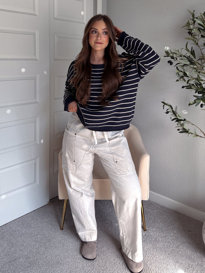 Montana Striped Oversized Crew Neck Sweater (Navy)