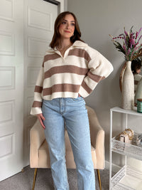 Morgan Collared Striped Ribbed Knit Sweater (Ivory/Taupe)