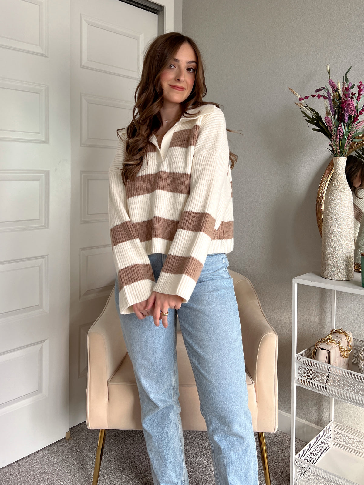 Morgan Collared Striped Ribbed Knit Sweater (Ivory/Taupe)