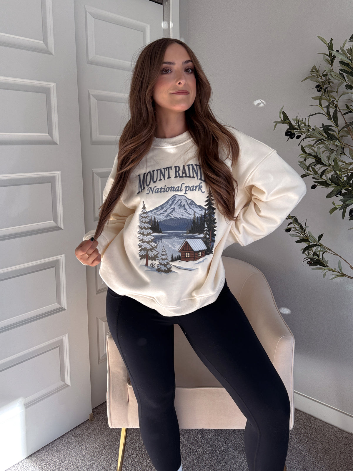 Mt. Rainier Embroidered Oversized Crewneck Sweatshirt (Cream)