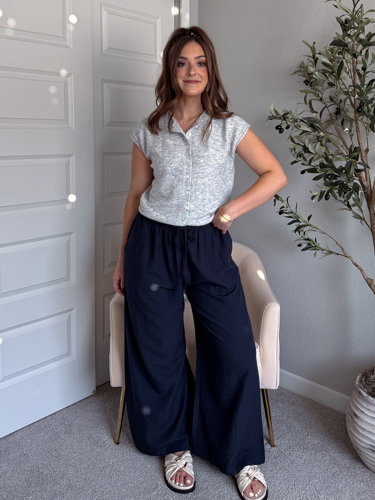 Nadine Drawstring Waist Wide Leg Trousers (Midnight)
