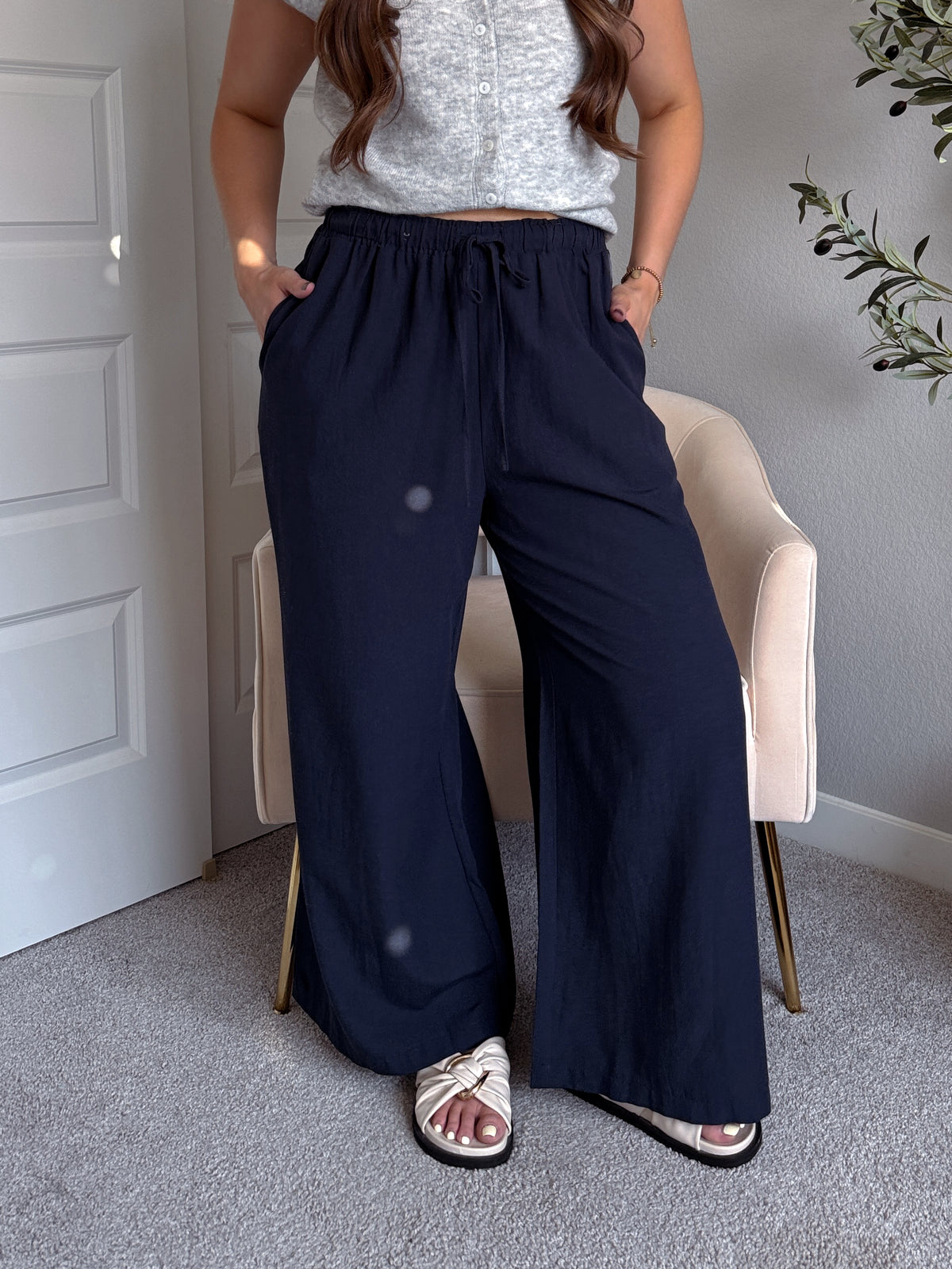 Nadine Drawstring Waist Wide Leg Trousers (Midnight)