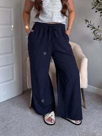 Nadine Drawstring Waist Wide Leg Trousers (Midnight)