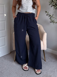 Nadine Drawstring Waist Wide Leg Trousers (Midnight)