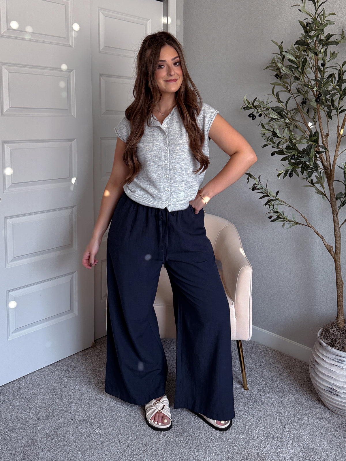 Nadine Drawstring Waist Wide Leg Trousers (Midnight)