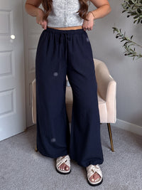 Nadine Drawstring Waist Wide Leg Trousers (Midnight)
