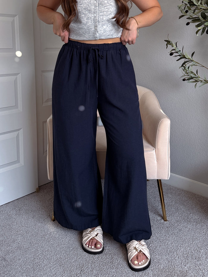 Nadine Drawstring Waist Wide Leg Trousers (Midnight)