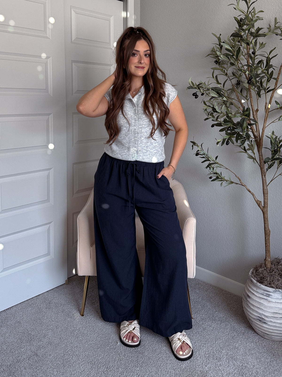 Nadine Drawstring Waist Wide Leg Trousers (Midnight)