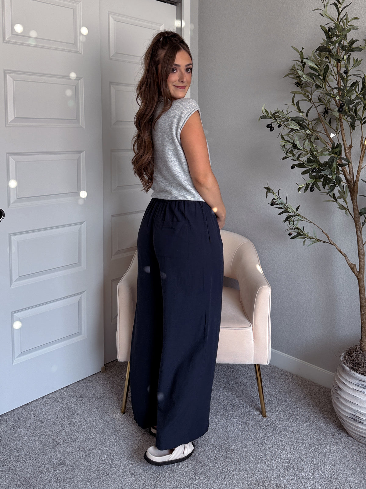 Nadine Drawstring Waist Wide Leg Trousers (Midnight)