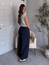 Nadine Drawstring Waist Wide Leg Trousers (Midnight)