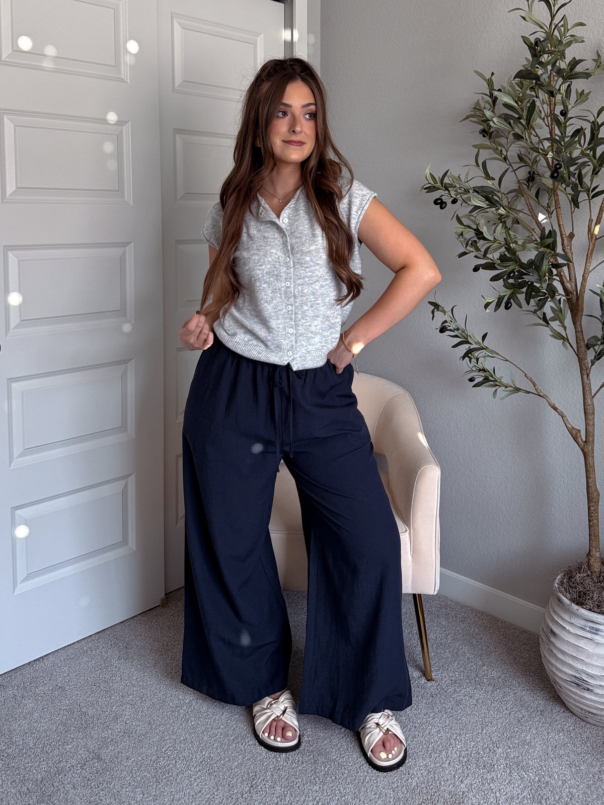 Nadine Drawstring Waist Wide Leg Trousers (Midnight)