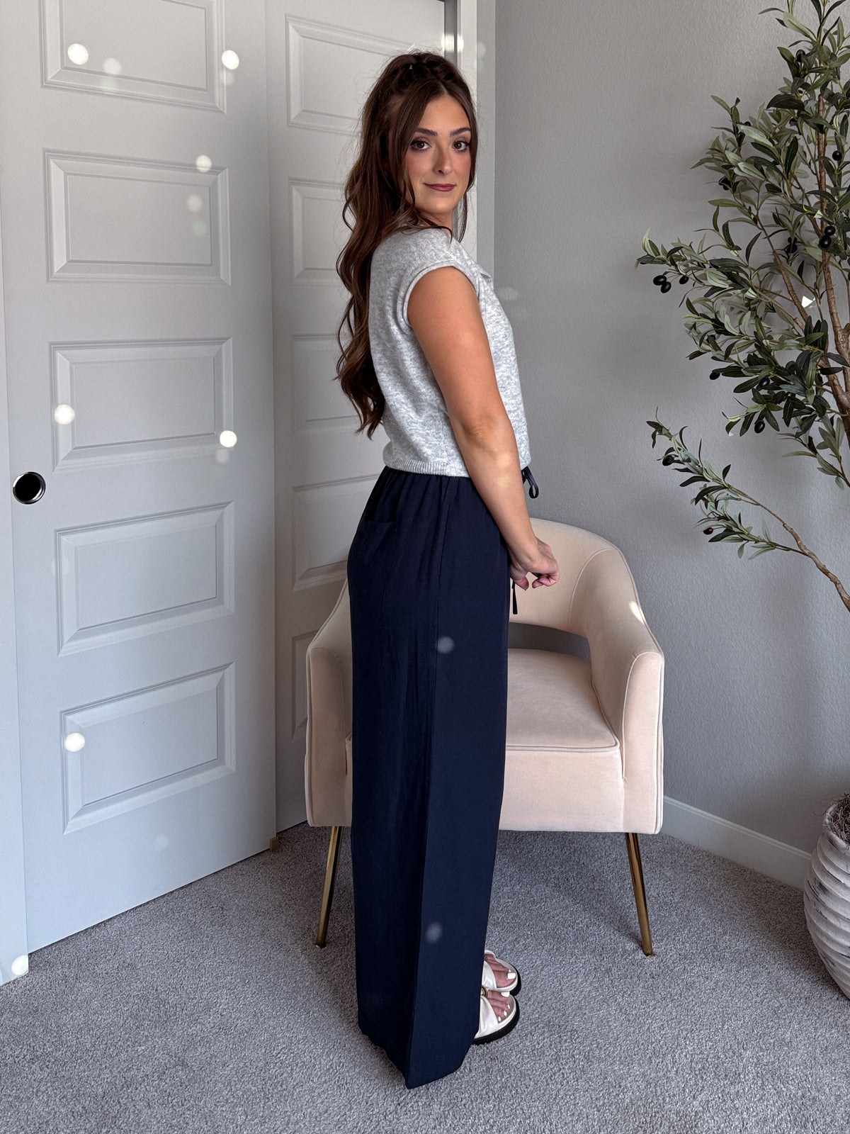 Nadine Drawstring Waist Wide Leg Trousers (Midnight)
