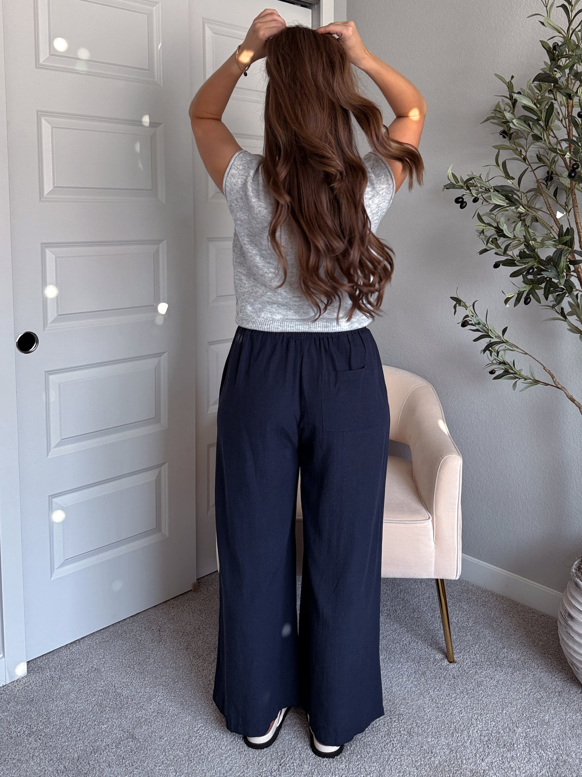 Nadine Drawstring Waist Wide Leg Trousers (Midnight)