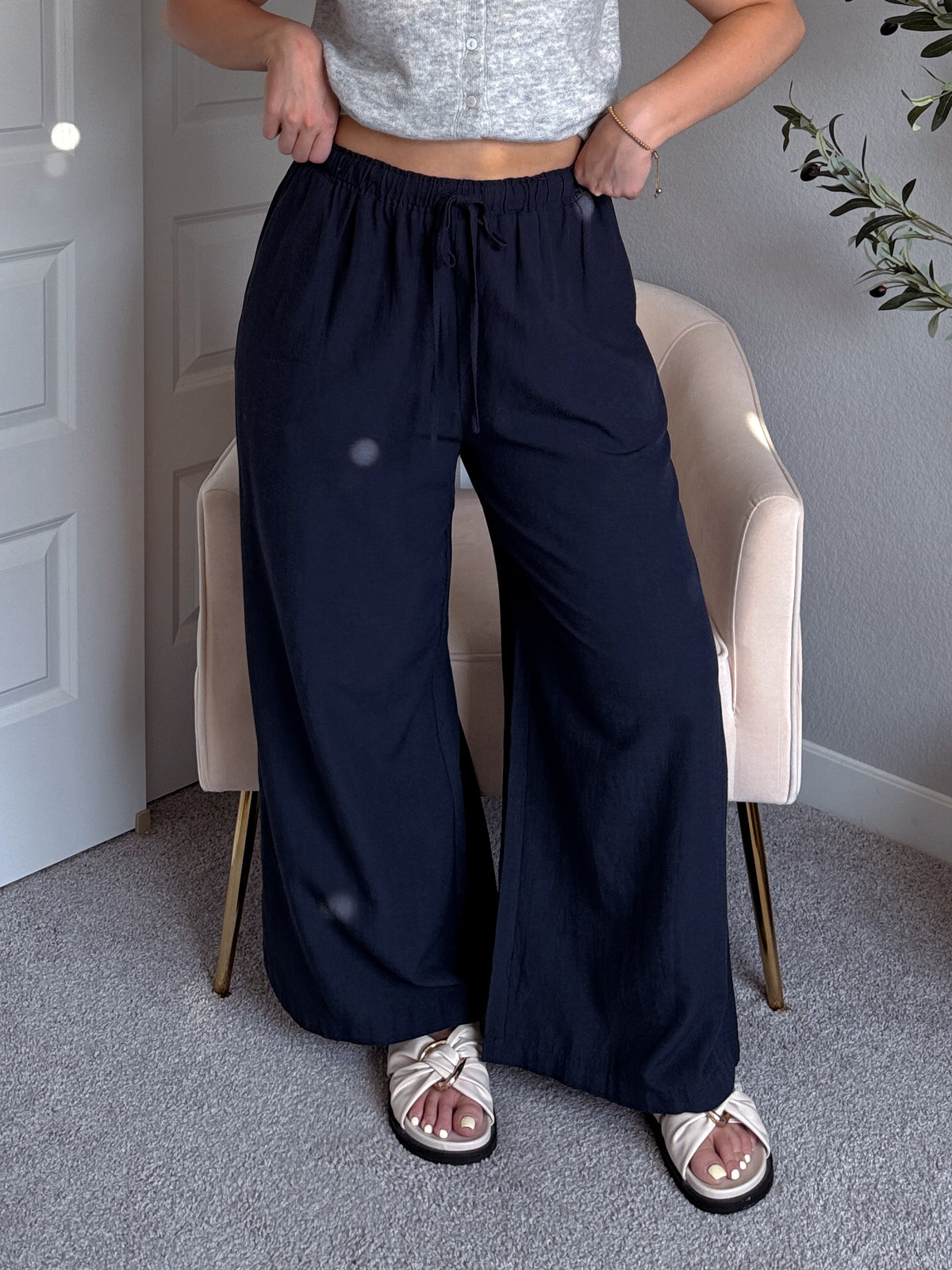 Nadine Drawstring Waist Wide Leg Trousers (Midnight)