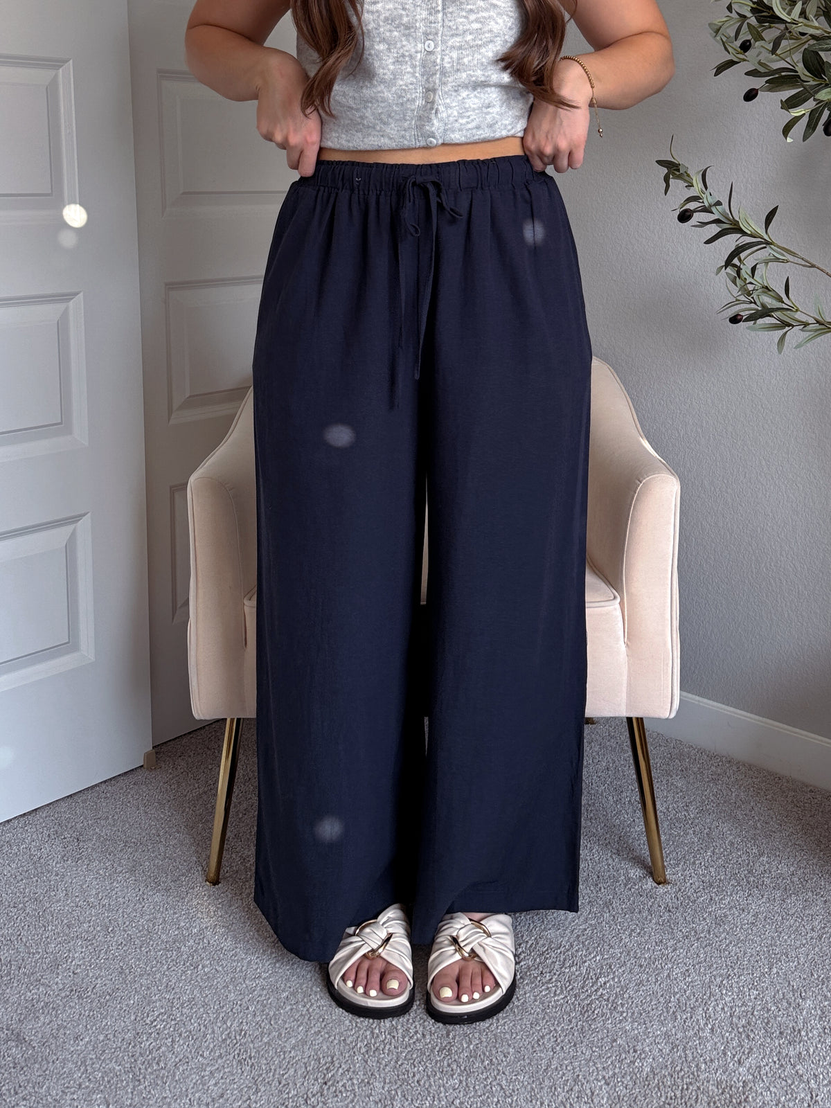 Nadine Drawstring Waist Wide Leg Trousers (Midnight)