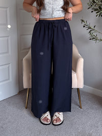 Nadine Drawstring Waist Wide Leg Trousers (Midnight)