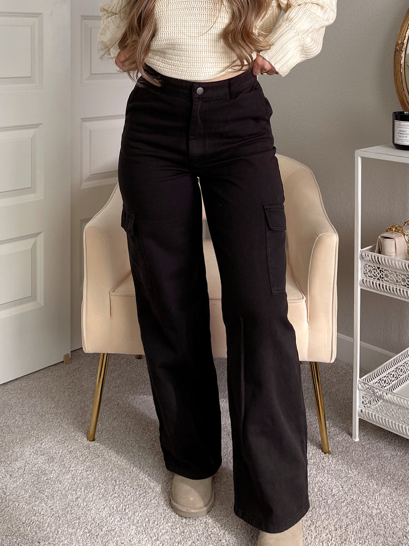 Natalie High-Waisted Denim Cargo Pants (Black)